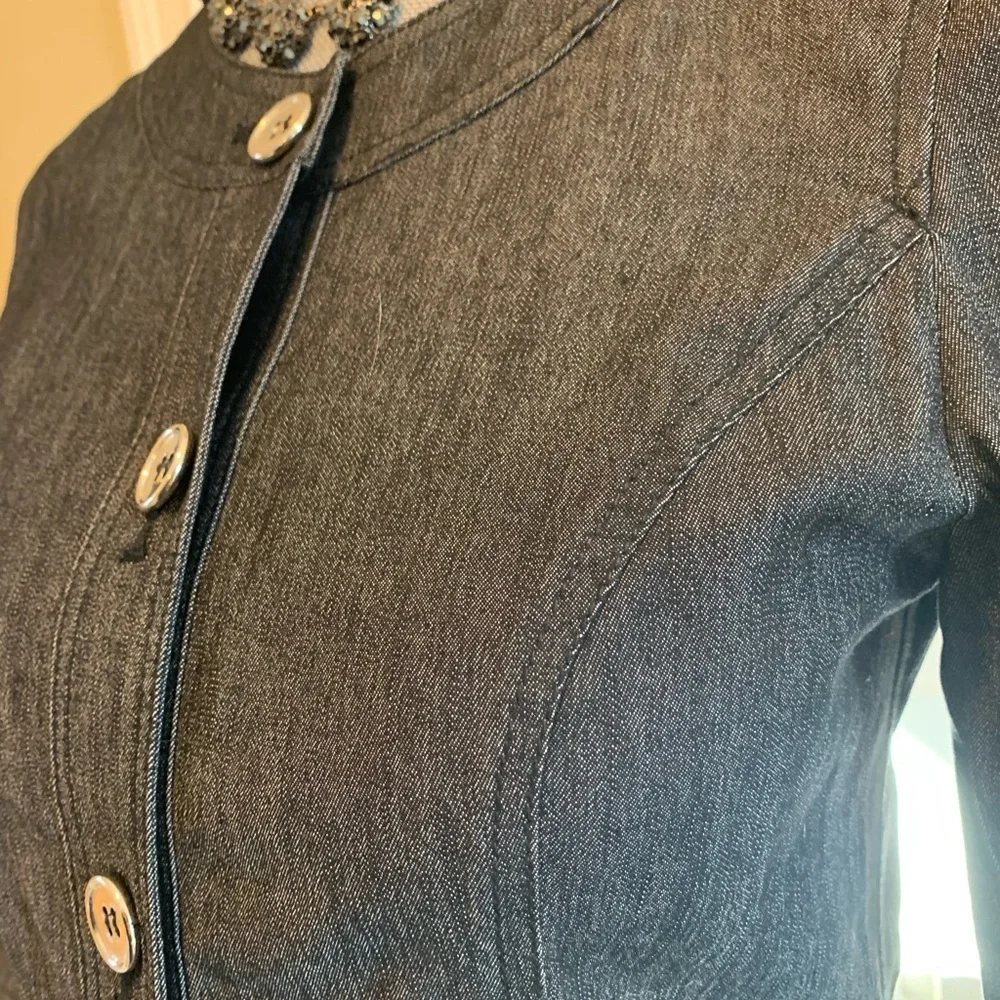 Sandro ruffled jean jacket with 3/4 length sleeve silver tone buttons size S - Picture 6 of 8